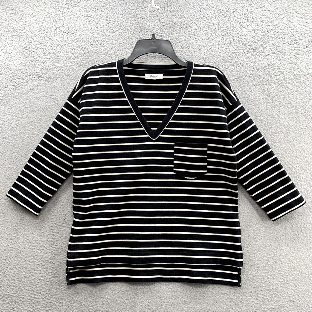 Madewell Top Blouse Size Small Black Cream Striped  V-Neck Stretch Side Zippers